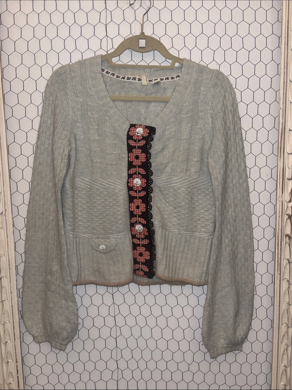 Anthropologie Moth Cream Knit Cardigan with Black Floral Trim and Fun Buttons